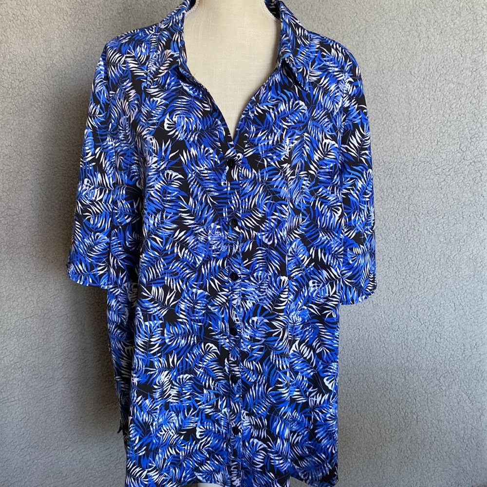 F4 Catherines Blouse  Button up Shirt Size 2XWP 22/24wp Petite Tropical Blue